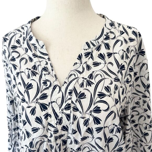 Talbots Large Navy +White Tunic Style Cotton Long Sleeve Blouse - Picture 2 of 7
